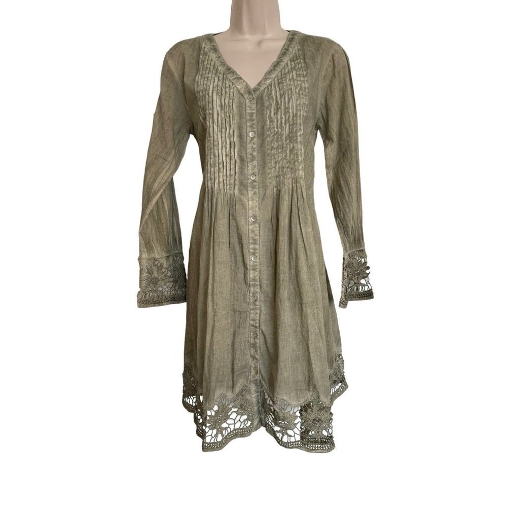 Raga Pintuck Pleat Lace Sleeve Green Shirt Dress Size XS oversized NWT - Picture 10 of 12